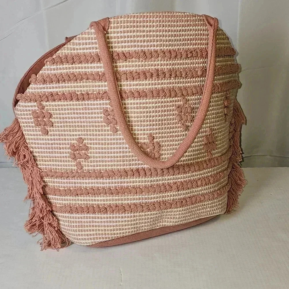 Shade & Shore Straw And Fringe‎  Mauve / White Beach Large Tote - Picture 12 of 13